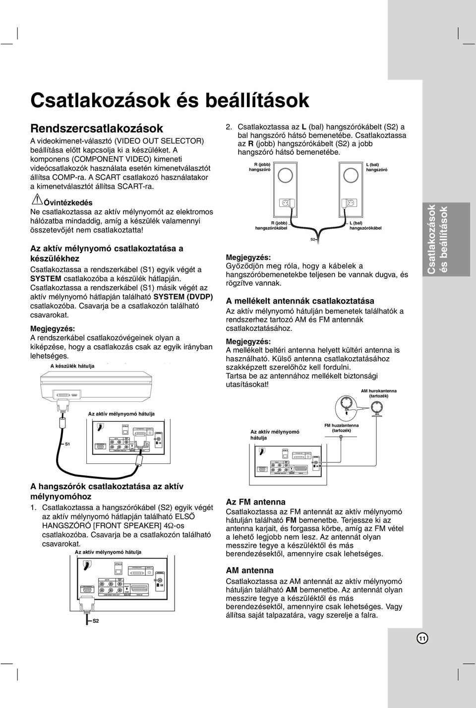 Csatlakoztassa az L (bal) hangszórókábelt (S2) a bal hangszóró hátsó bemenetébe. Csatlakoztassa az R (jobb) hangszórókábelt (S2) a jobb hangszóró hátsó bemenetébe.