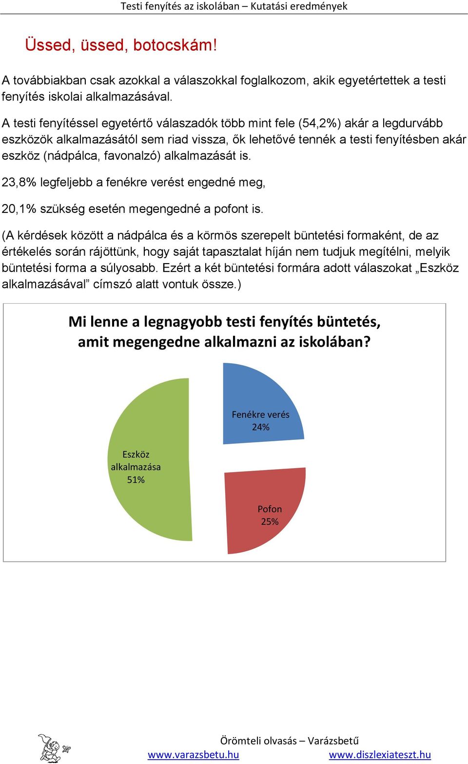 alkalmazását is. 23,8% legfeljebb a fenékre verést engedné meg, 20,1% szükség esetén megengedné a pofont is.