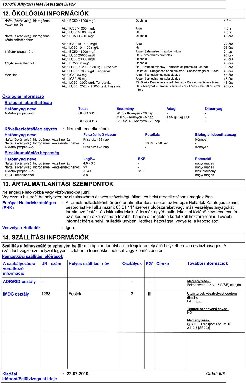 95 go2/g EOI - OECD 301C 88-92 % - Könnyen - 28 nap - - Következtetés/Megjegyzés Nem áll rendelkezésre.