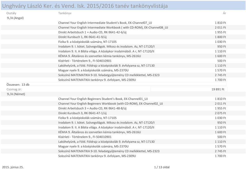 a középiskolák számára, NT-17105 Irodalom 9. I. kötet. Szövegvilágok. Mítosz és irodalom. Az, NT-17120/I Irodalom 9. II. A Biblia világa. A középkor irodalmából. A r, NT-17120/II KÉMIA 9.