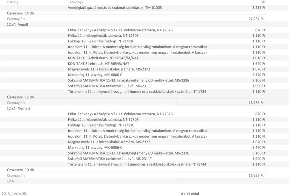 A korszak KON-TAKT 3 Arbeitsbuch, NT-56543/M/NAT 1 01 KON-TAKT 3 Lehrbuch, NT-56543/NAT 1 62 Magyar nyelv 11. a középiskolák számára, MS-2372 1 67 Marketing 11.