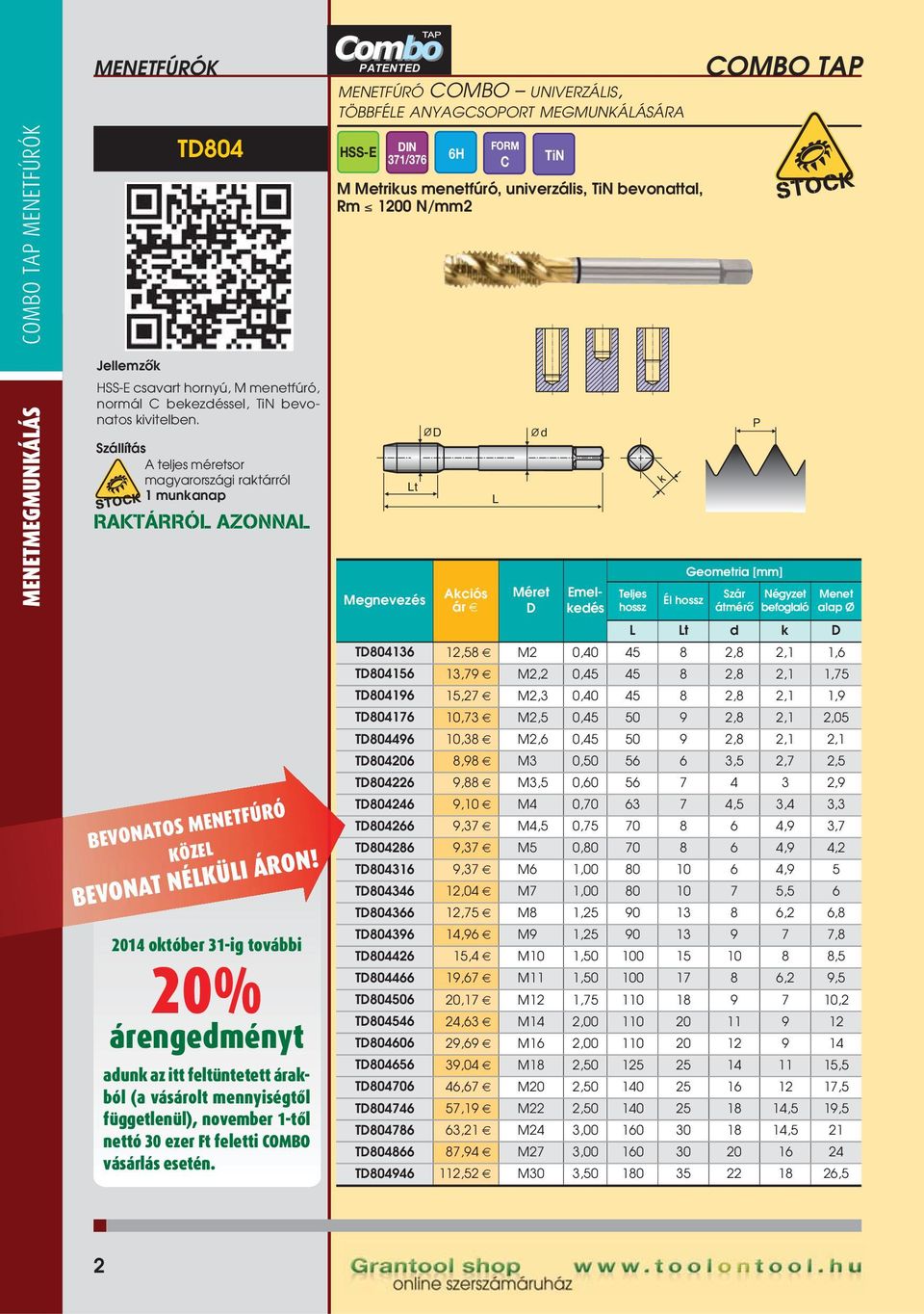 MENETFÚRÓ COMBO UNIVERZÁIS, TÖBBFÉE ANYAGCSOORT MEGMUNKÁÁSÁRA SIRA FUTE GUN OINT ATENTE IN 371/376 6H C TiN M Metrius menetfúró, univerzális, TiN bevonattal, Rm 1200 N/mm2 t Emeleés COMBO TA Szár