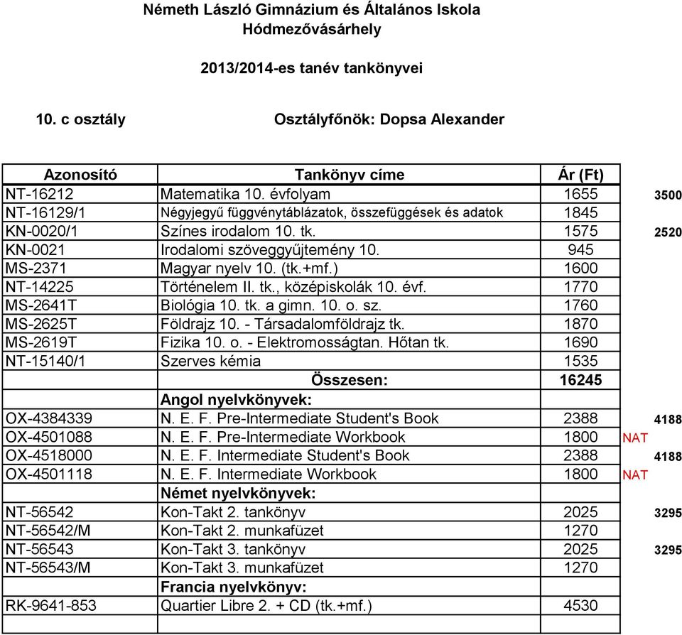 - Társadalomföldrajz tk. 1870 MS-2619T Fizika 10. o. - Elektromosságtan. Hőtan tk. 1690 NT-15140/1 Szerves kémia 1535 Összesen: 16245 OX-4384339 N. E. F. Pre-Intermediate Student's Book 2388 4188 OX-4501088 N.