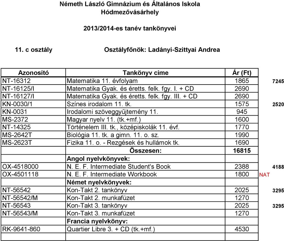 945 MS-2372 Magyar nyelv 11. (tk.+mf.) 1600 NT-14325 Történelem III. tk., középiskolák 11. évf. 1770 MS-2642T Biológia 11. tk. a gimn. 11. o. sz.