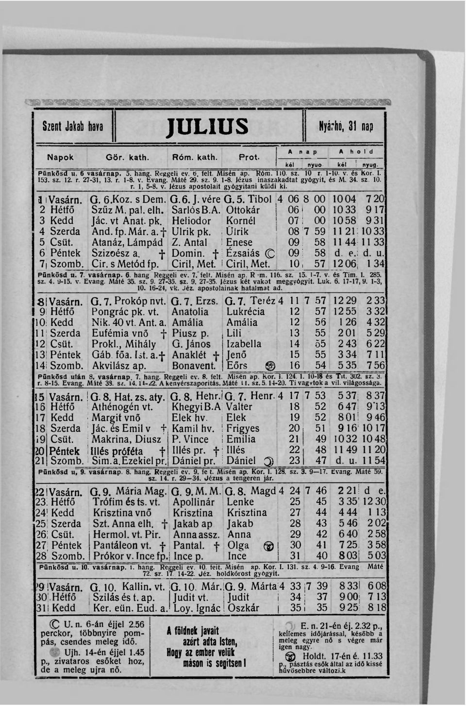 2 Hétfő 3 Kedd 4 Szerda 5 Csüt. 6 Péntek 7 Szomb. G. 6.Koz. s Dem. SzűzM. pal. elh. Jác. vt Anat. pk. And. fp.már. a. f Atanáz, Lámpád Szizoész a. } Cir. s Metód fp. G.6. J. vére G. 5. Tibol Sarlós B.