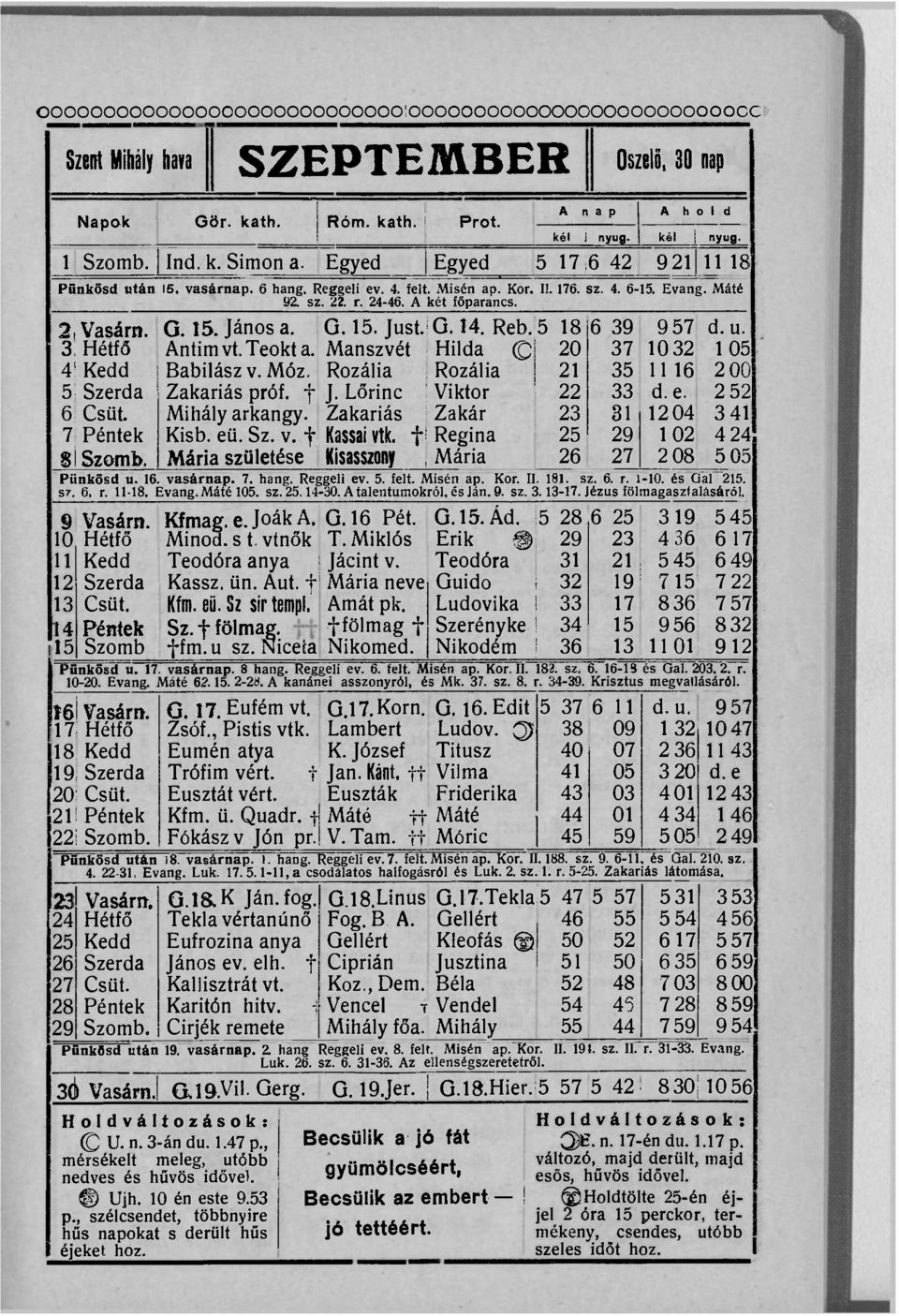 3 Hétfő 4 Kedd 5 Szerda 6 Csüt. 7 Péntek 81 Szomb. G. 15. János a. Antim vt.teokt a. Babilász v. Móz. Zakariás próf. f Mihály arkangy. Kisb. eü. Sz. v. f Mária születése G. 15. JustJG. 14. Reb.
