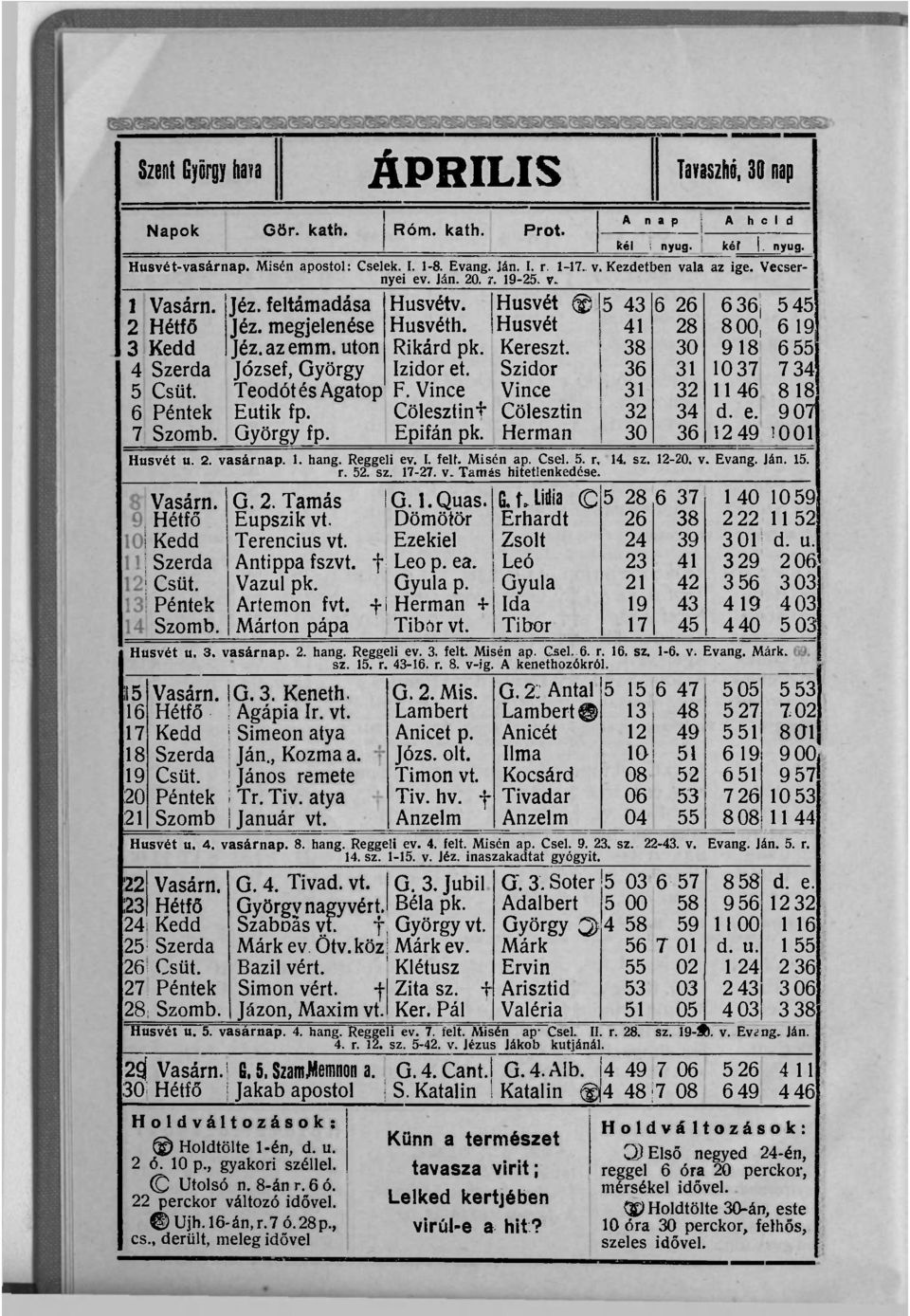 azemm, uton Rikárd pk. Kereszt. 38 30 918 6 55 4 Szerda József, György Izidor et. Szidor 36 31 1037 7 34 5 Csüt. Teodótés Agatop F. Vince Vince 31 32 1146 818 6 Péntek Eutik fp.