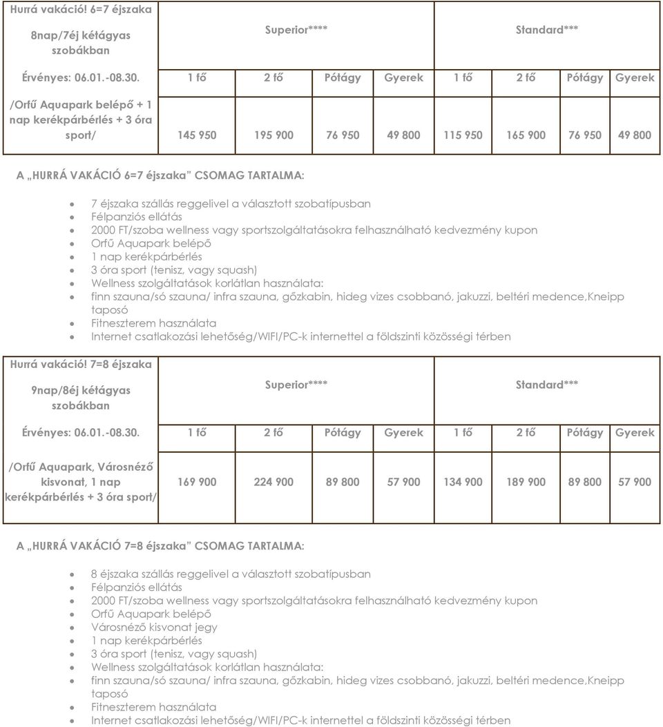 CSOMAG TARTALMA: 7 éjszaka szállás reggelivel a választott szobatípusban Orfű Aquapark belépő 1 nap kerékpárbérlés 3 óra sport (tenisz, vagy squash)  7=8 éjszaka 9nap/8éj kétágyas