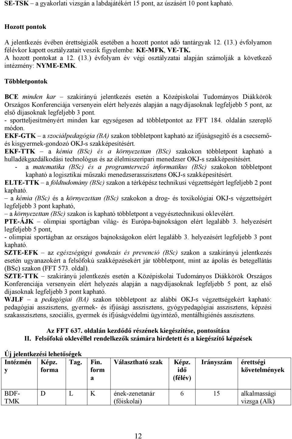 Többletpontok BCE minden kar szakirányú jelentkezés esetén a Középiskolai Tudományos Diákkörök Országos Konferenciája versenyein elért helyezés alapján a nagydíjasoknak legfeljebb 5 pont, az első