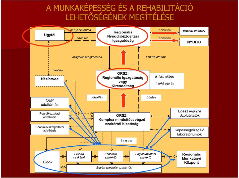 fokú eljárás OEP adattárház Foglalkoztatási adatbázis Szociális szolgáltatói adatbázis Kijelölés ORSZI Komplex minősítést végző szakértői bizottság t a g o k