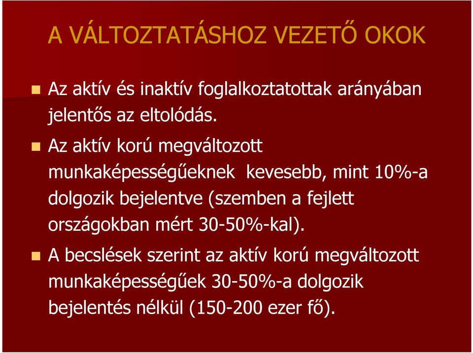 Az aktív korú megváltozott munkaképességűeknek kevesebb, mint 10%-a dolgozik bejelentve