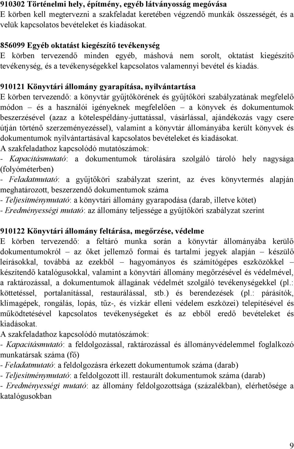 910121 Könyvtári állomány gyarapítása, nyilvántartása E körben tervezendő: a könyvtár gyűjtőkörének és gyűjtőköri szabályzatának megfelelő módon és a használói igényeknek megfelelően a könyvek és