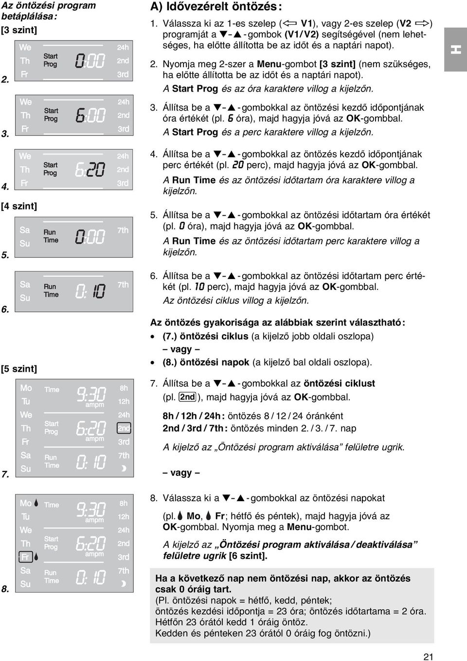 A Start Prog és az óra karaktere villog a kijelzőn. 3. 4. [4 szint] 5. 6. [5 szint] 7. 8. 3. Állítsa be a - - gombokkal az öntözési kezdő időpontjának óra értékét (pl.