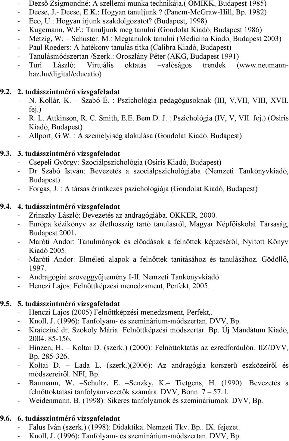: Megtanulok tanulni (Medicina Kiadó, Budapest 2003) - Paul Roeders: A hatékony tanulás titka (Calibra Kiadó, Budapest) - Tanulásmódszertan /Szerk.
