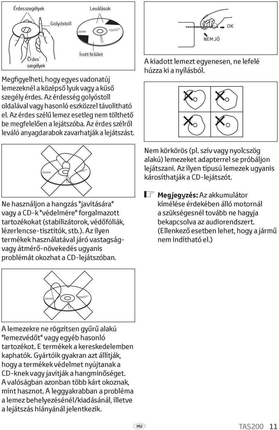Az érdes szélről leváló anyagdarabok zavarhatják a lejátszást. A kiadott lemezt egyenesen, ne lefelé húzza ki a nyílásból. Nem körkörös (pl.