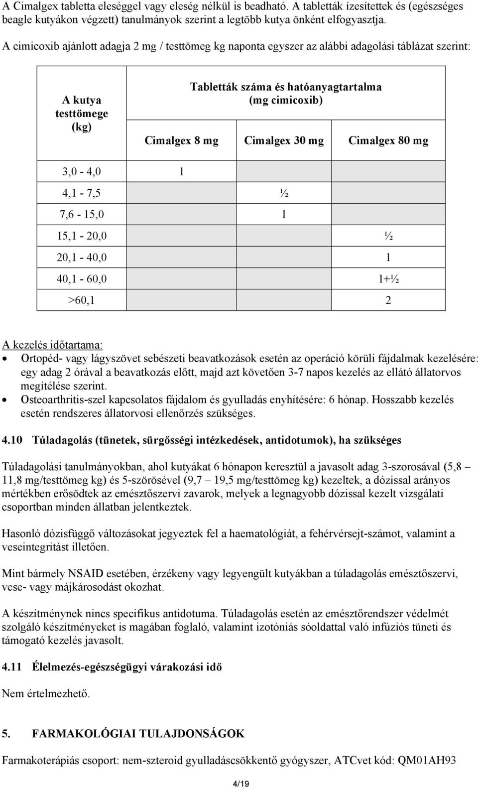 Cimalgex 30 mg Cimalgex 80 mg 3,0-4,0 1 4,1-7,5 ½ 7,6-15,0 1 15,1-20,0 ½ 20,1-40,0 1 40,1-60,0 1+½ >60,1 2 A kezelés időtartama: Ortopéd- vagy lágyszövet sebészeti beavatkozások esetén az operáció