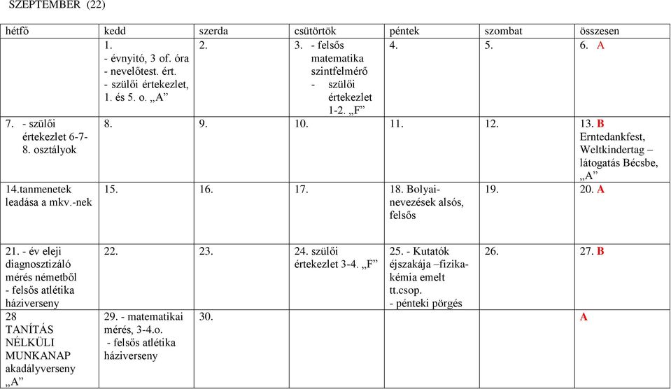 Bolyainevezések alsós, felsős 19. 20. A 21. - év eleji diagnosztizáló mérés németből - felsős atlétika háziverseny 28 TANÍTÁS NÉLKÜLI MUNKANAP akadályverseny 22. 23.