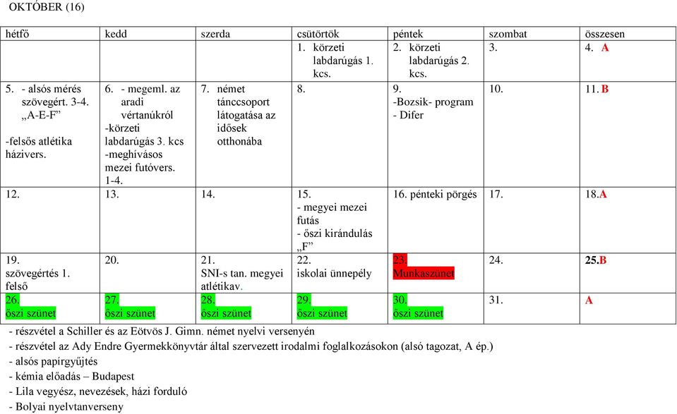 szövegértés 1. felső 26. őszi szünet 20. 21. SNI-s tan. megyei atlétikav. 27. őszi szünet 28. őszi szünet 8. 9. -Bozsik- program - Difer 22. iskolai ünnepély 29. őszi szünet 10. 11. B 16.