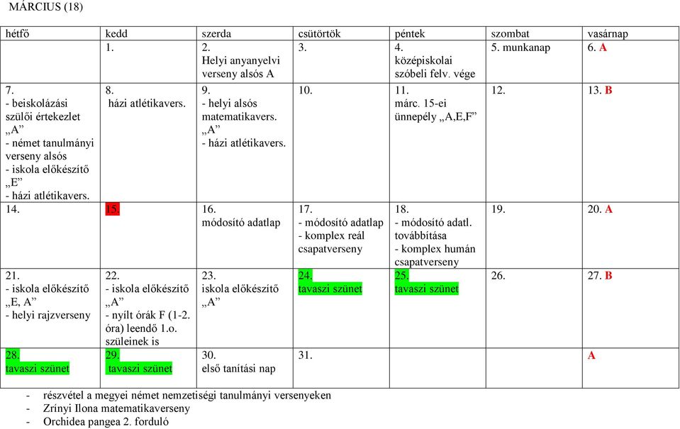 módosító adatlap 21. - iskola előkészítő E, A - helyi rajzverseny 28. tavaszi szünet 22. - iskola előkészítő - nyílt órák F (1-2. óra) leendő 1.o. szüleinek is 29. tavaszi szünet 23.