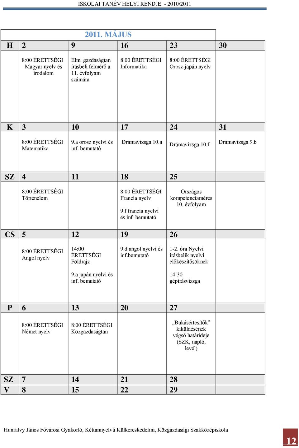 bemutató Országos kompetenciamérés 10. évfolyam CS 5 12 19 26 Angol nyelv 14:00 ÉRETTSÉGI Földrajz 9.d angol nyelvi és inf.bemutató 1-2.