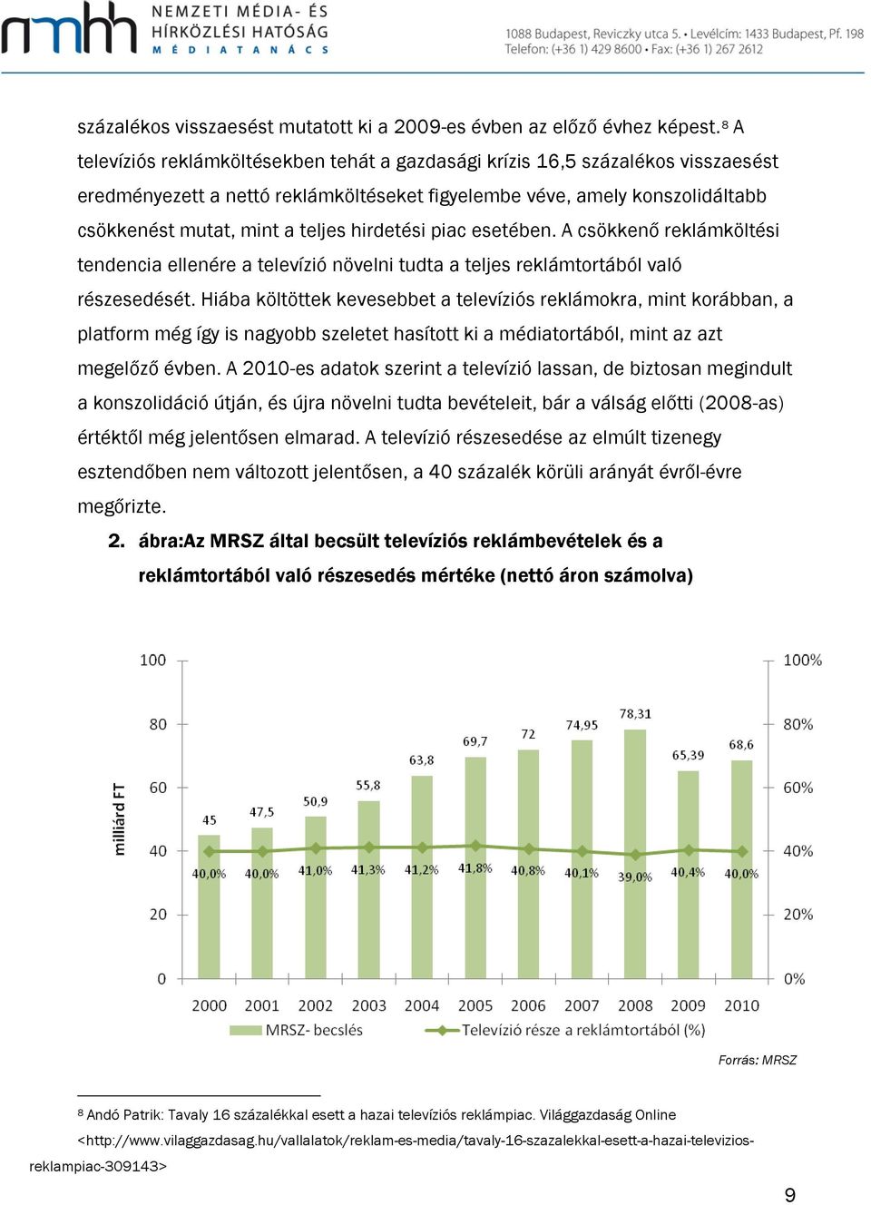 hirdetési piac esetében. A csökkenő reklámköltési tendencia ellenére a televízió növelni tudta a teljes reklámtortából való részesedését.