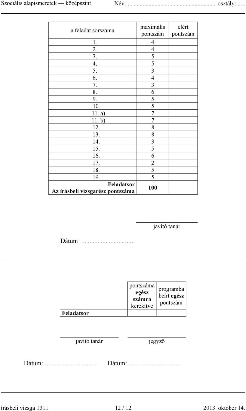 Feladatsor Az írásbeli vizsgarész pontszáma 100 elért pontszám javító tanár Dátum:.