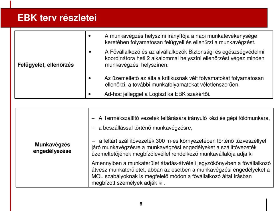 Az üzemeltetı az általa kritikusnak vélt folyamatokat folyamatosan ellenırzi, a további munkafolyamatokat véletlenszerően. Ad-hoc jelleggel a Logisztika EBK szakértıi.