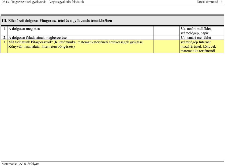 tanári melléklet, számológép, papír 2. A dolgozat feladatainak megbeszélése 3/b. tanári melléklet 3.
