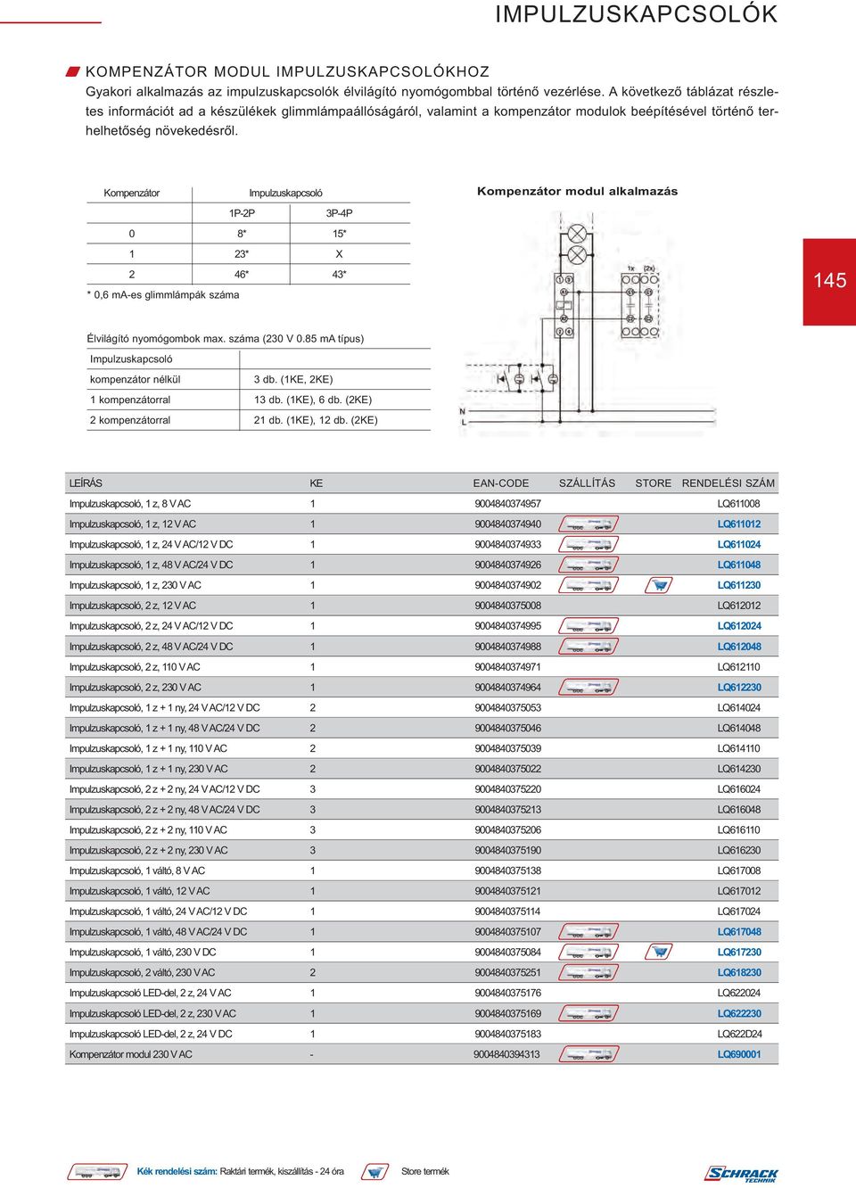 Kompenzátor Impulzuskapcsoló Kompenzátor modul alkalmazás 1P-2P 3P-4P 0 8* 15* 1 23* X 2 46* 43* * 0,6 ma-es glimmlámpák száma 145 Élvilágító nyomógombok max. száma (230 V 0.