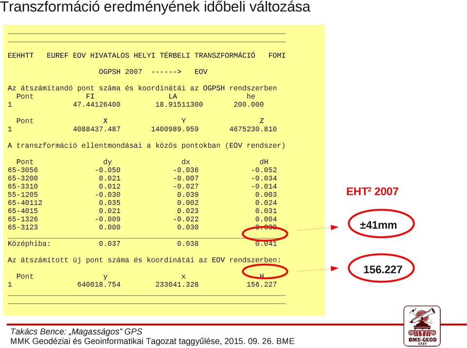 810 A transzformáció ellentmondásai a közös pontokban (EOV rendszer) Pont dy dx dh 65-3056 -0.050-0.036-0.052 65-3200 0.021-0.007-0.034 65-3310 0.012-0.027-0.014 55-1205 -0.030 0.039 0.