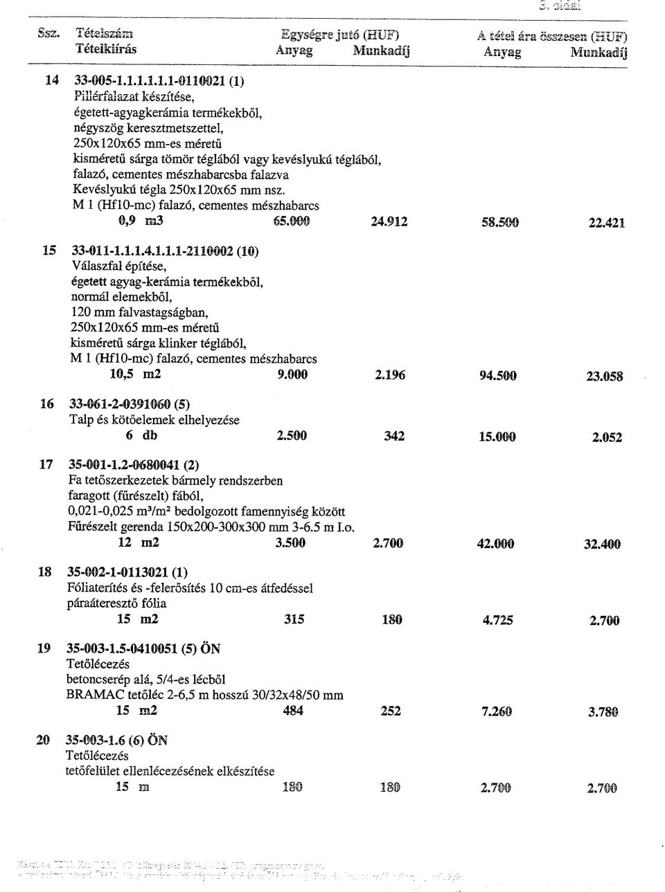 1.1.1.1.1-0110021 (1) Pillerfalazat keszitese, egetett-agyagkeramia termekekbol, negyszog keresztmetszettel, 250x120x65 mm-es meretu kismeretii sarga tomsr t^glabdl vagy keveslyuku teglabol, falaz6,