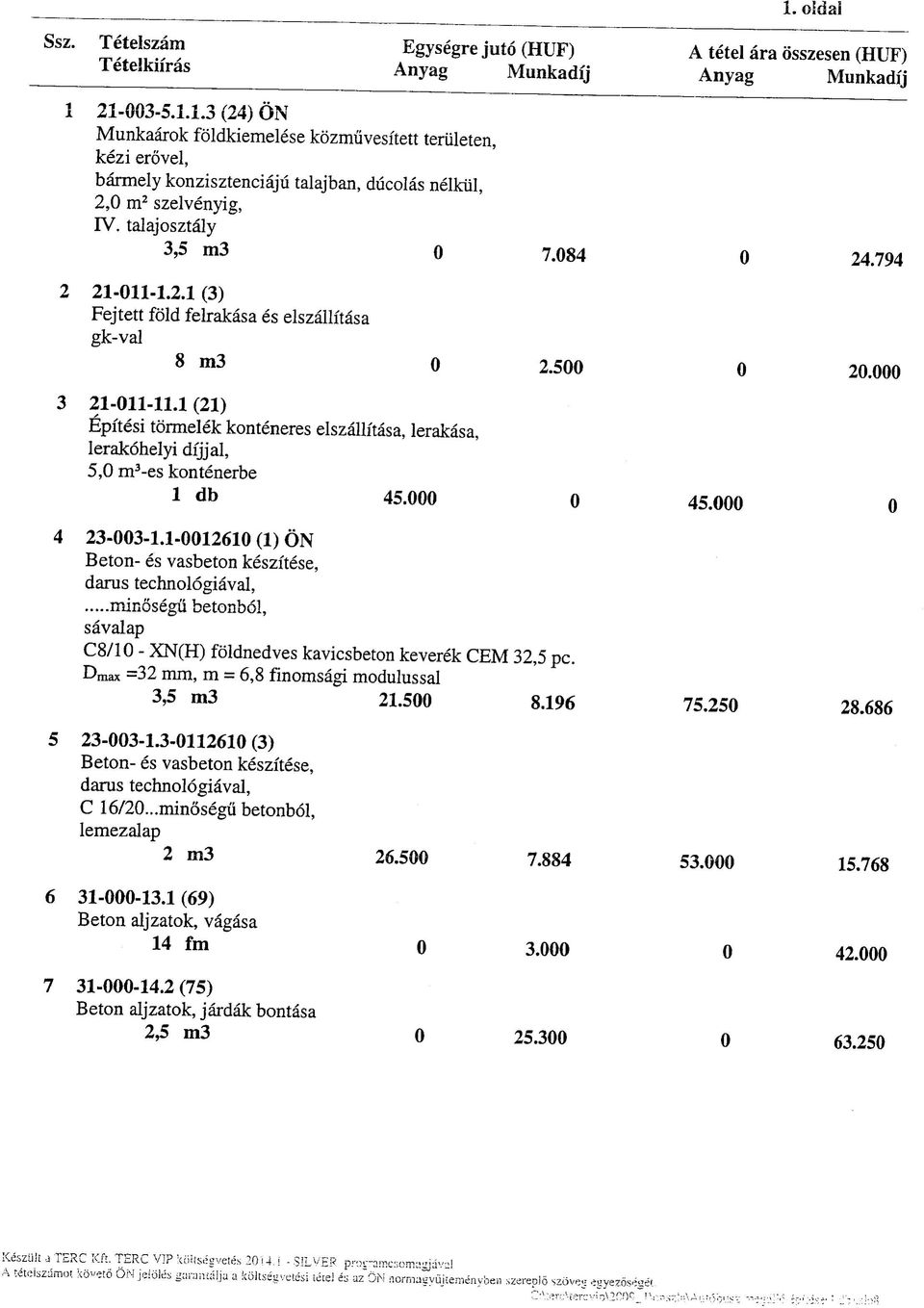 1 (21) Epitesi tormelek konteneres elszallitasa, lerakasa, lerakohelyi dijjal, 5,0 m^-es kontenerbe 1 db 45.000 0 45.000 0 4 23-003-1.