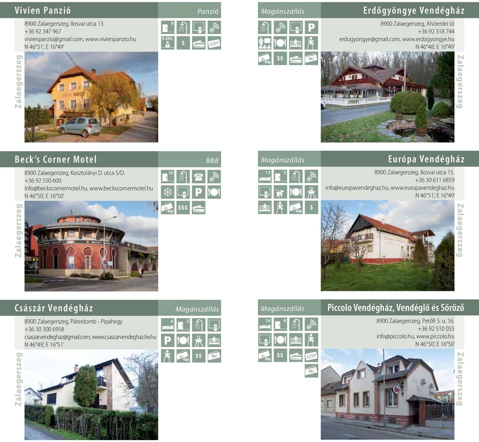 hu, www.beckscornermotel.hu N 46 50, E 16 50 10 B&B 13 5 Európa Vendégház 8900, Ilosvai utca 15. +36 30 611 6859 info@europavendeghaz.