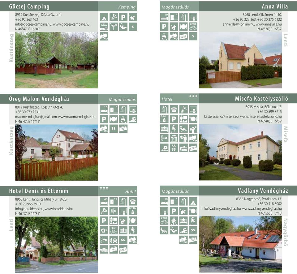 +36 30 979 7231 malomvendeghaz@gmail.com, www.malomvendeghaz.hu N 46 47, E 16 41 16 6 Hotel *** Misefa Kastélyszálló 8935 Misefa, Béke utca 2. +36 30 599 3215 kastelyszallo@misefa.eu, www.