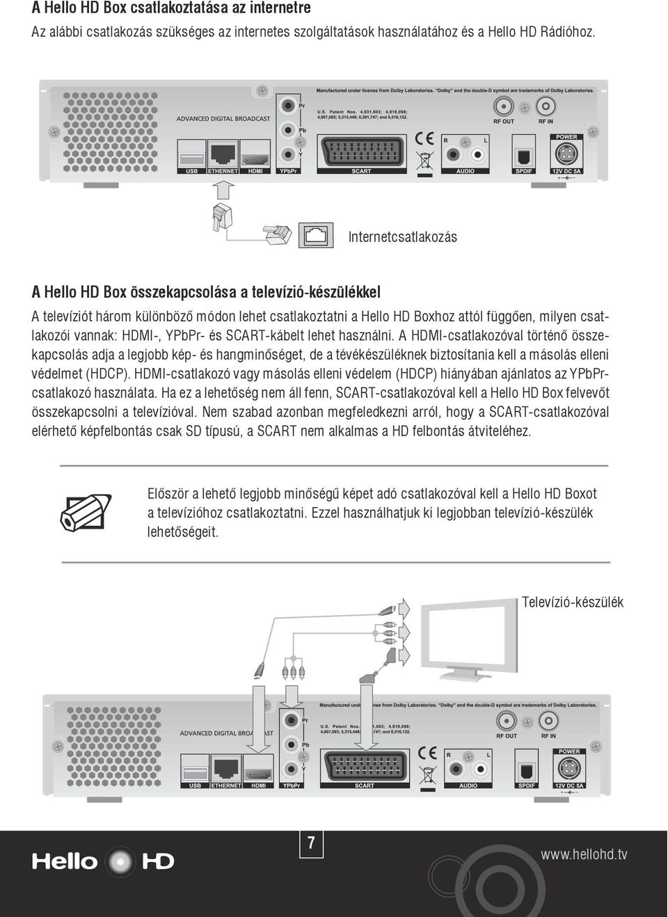 YPbPr- és SCART-kábelt lehet használni. A HDMI-csatlakozóval történô összekapcsolás adja a legjobb kép- és hangminôséget, de a tévékészüléknek biztosítania kell a másolás elleni védelmet (HDCP).