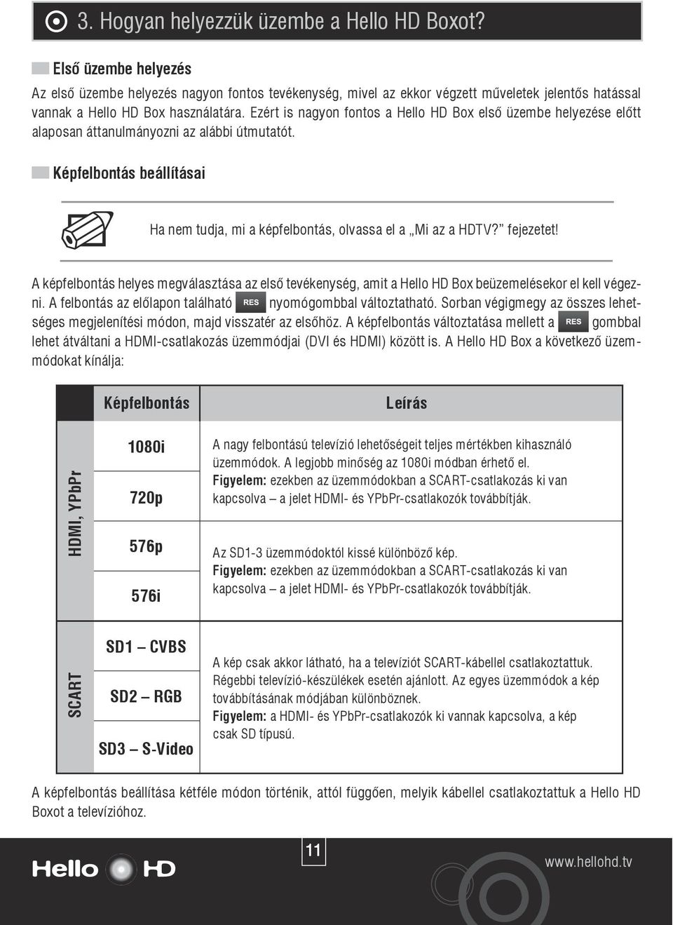 Ezért is nagyon fontos a Hello HD Box elsô üzembe helyezése elôtt alaposan áttanulmányozni az alábbi útmutatót. Képfelbontás beállításai Ha nem tudja, mi a képfelbontás, olvassa el a Mi az a HDTV?