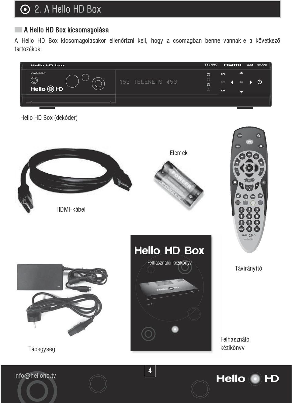 következô tartozékok: Hello HD Box (dekóder) Elemek HDMI-kábel Hello HD