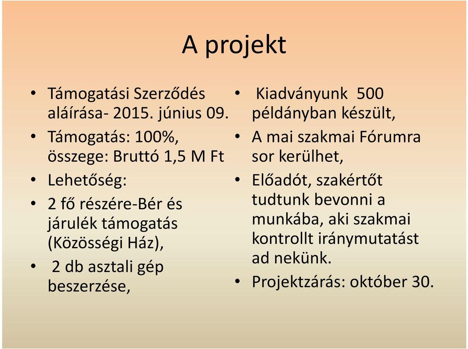 (Közösségi Ház), 2 db asztali gép beszerzése, Kiadványunk 500 példányban készült, A mai szakmai