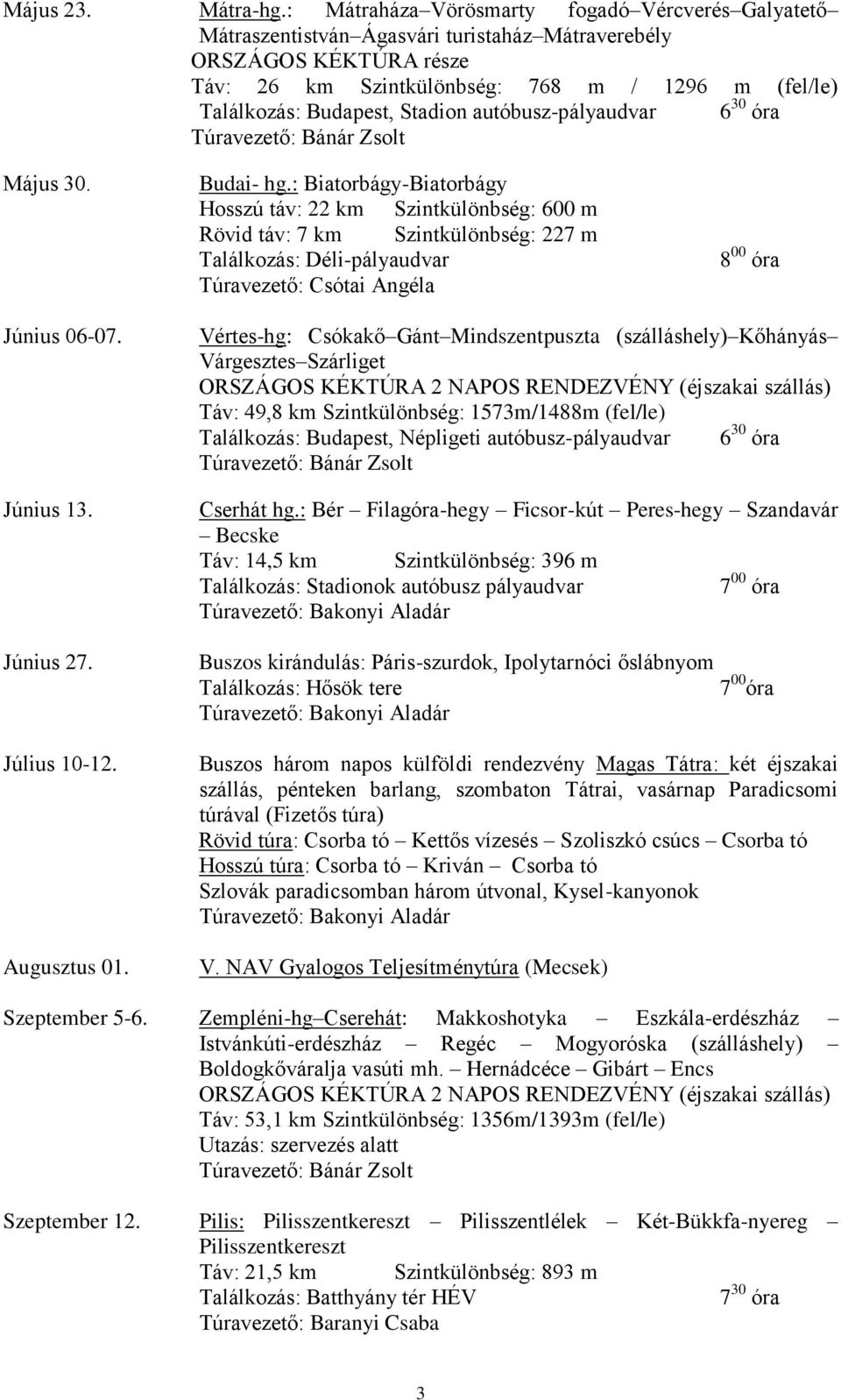 autóbusz-pályaudvar 6 30 óra Május 30. Budai- hg.: Biatorbágy-Biatorbágy Hosszú táv: 22 km Szintkülönbség: 600 m Rövid táv: 7 km Szintkülönbség: 227 m Találkozás: Déli-pályaudvar Június 06-07.