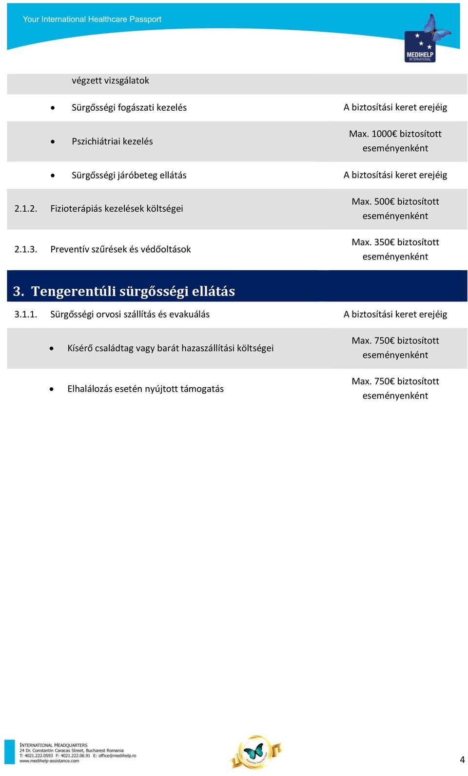 Preventív szűrések és védőoltások Max. 500 biztosított eseményenként Max. 350 biztosított eseményenként 3. Tengerentúli sürgősségi ellátás 3.1.