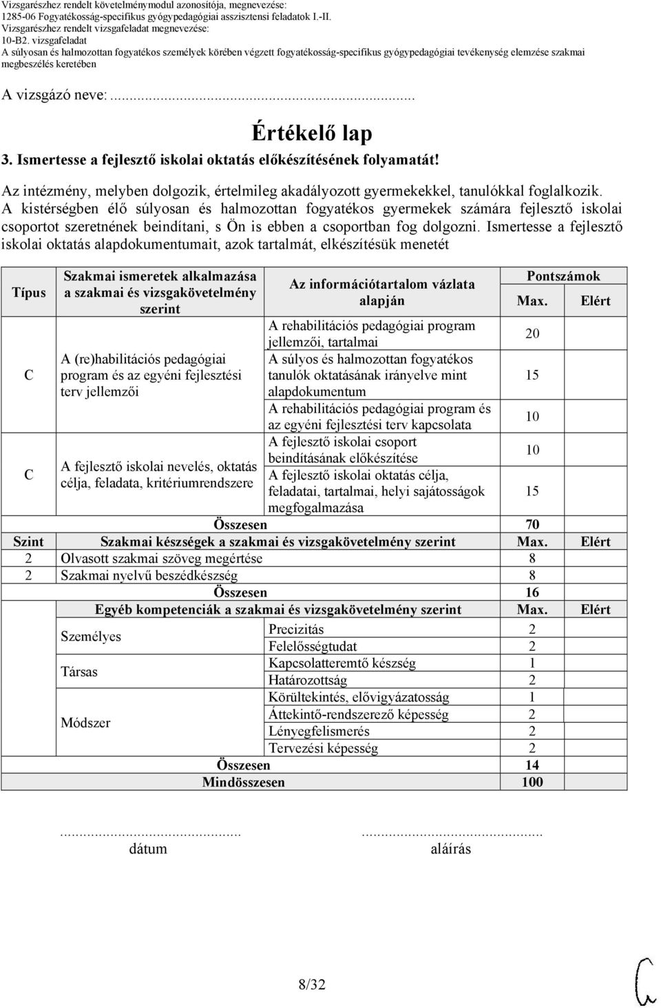 Ismertesse a fejlesztő iskolai oktatás alapdokumentumait, azok tartalmát, elkészítésük menetét Típus Szakmai ismeretek alkalmazása a szakmai és vizsgakövetelmény szerint Az információtartalom vázlata