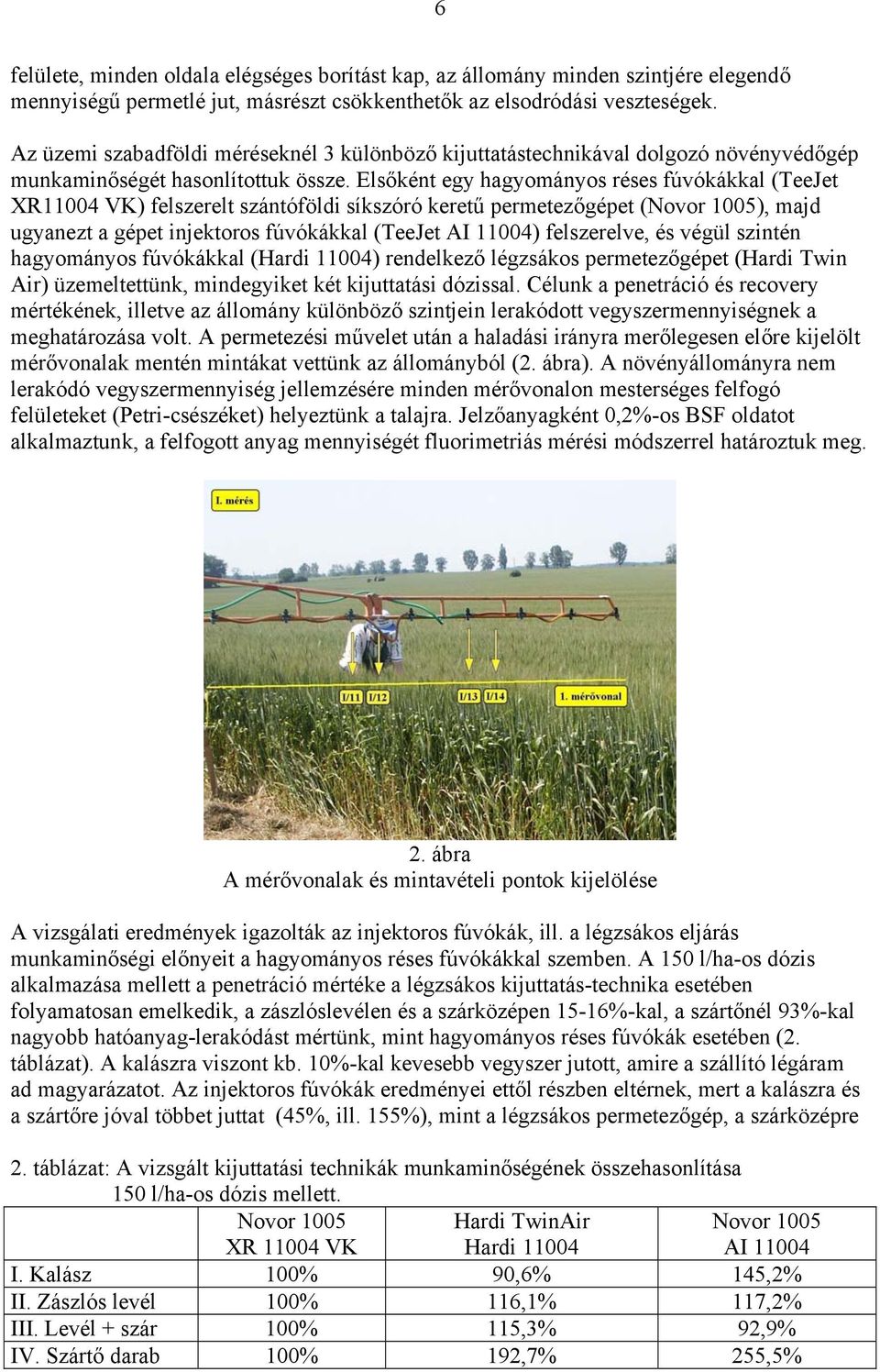 Elsőként egy hagyományos réses fúvókákkal (TeeJet XR11004 VK) felszerelt szántóföldi síkszóró keretű permetezőgépet (Novor 1005), majd ugyanezt a gépet injektoros fúvókákkal (TeeJet AI 11004)