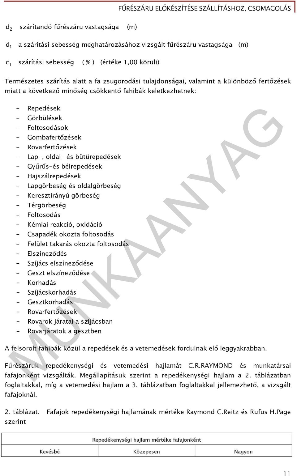 Lap-, oldal- és bütürepedések - Gyűrűs-és bélrepedések - Hajszálrepedések - Lapgörbeség és oldalgörbeség - Keresztirányú görbeség - Térgörbeség - Foltosodás - Kémiai reakció, oxidáció - Csapadék