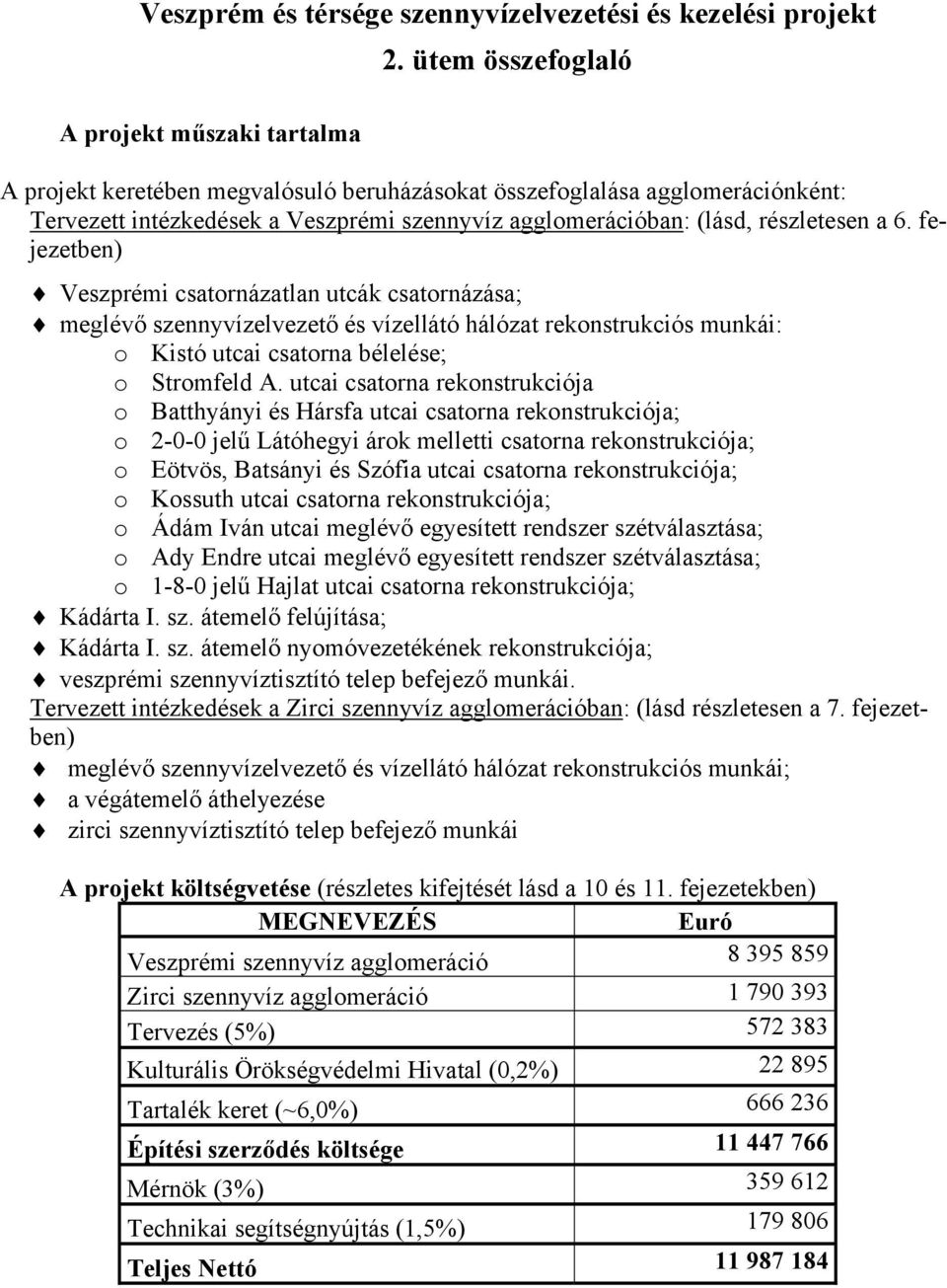 fejezetben) Veszprémi csatornázatlan utcák csatornázása; meglévő szennyvízelvezető és vízellátó hálózat rekonstrukciós munkái: o Kistó utcai csatorna bélelése; o Stromfeld A.