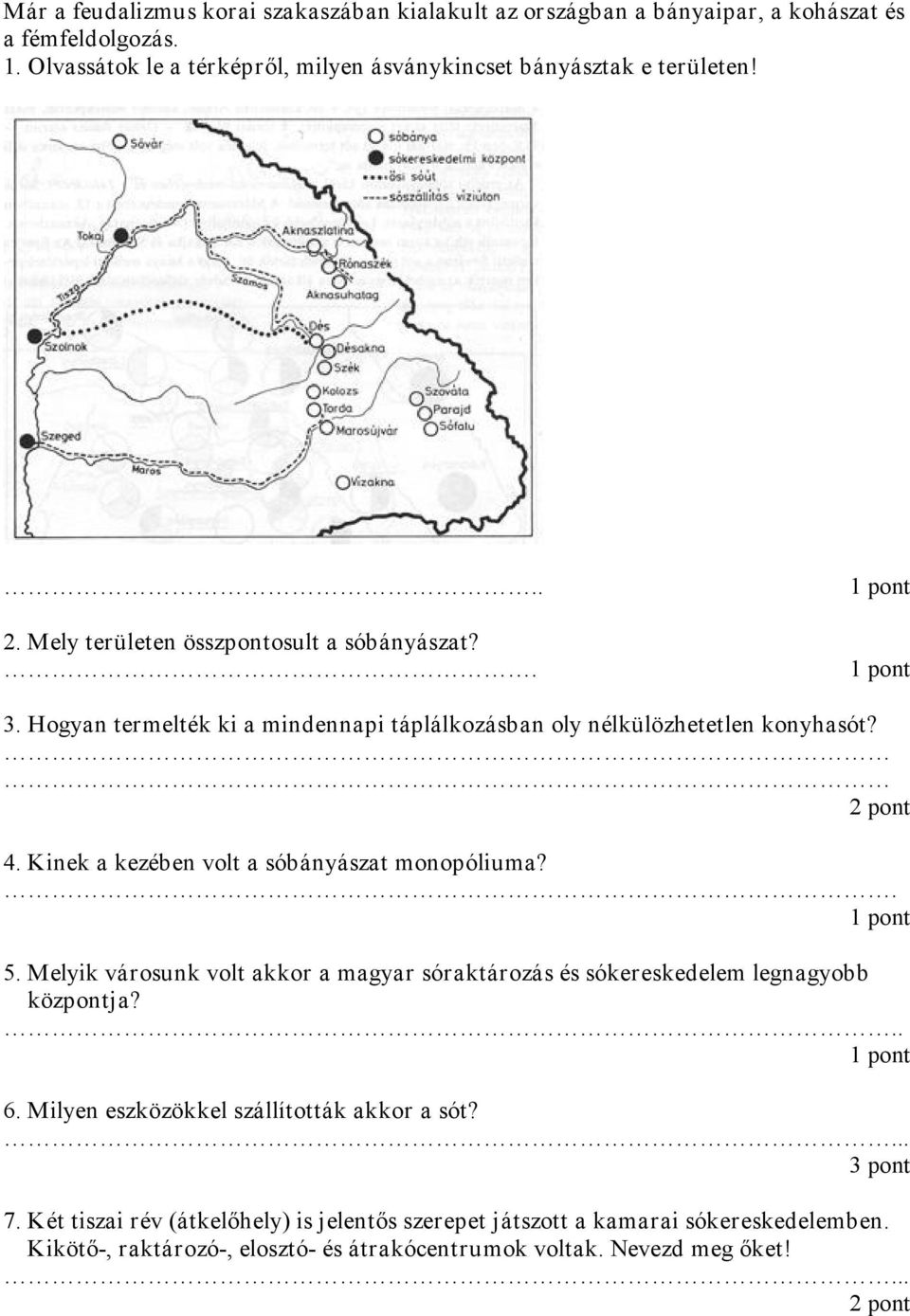 Hogyan termelték ki a mindennapi táplálkozásban oly nélkülözhetetlen konyhasót? 2 pont 4. Kinek a kezében volt a sóbányászat monopóliuma?. 5.
