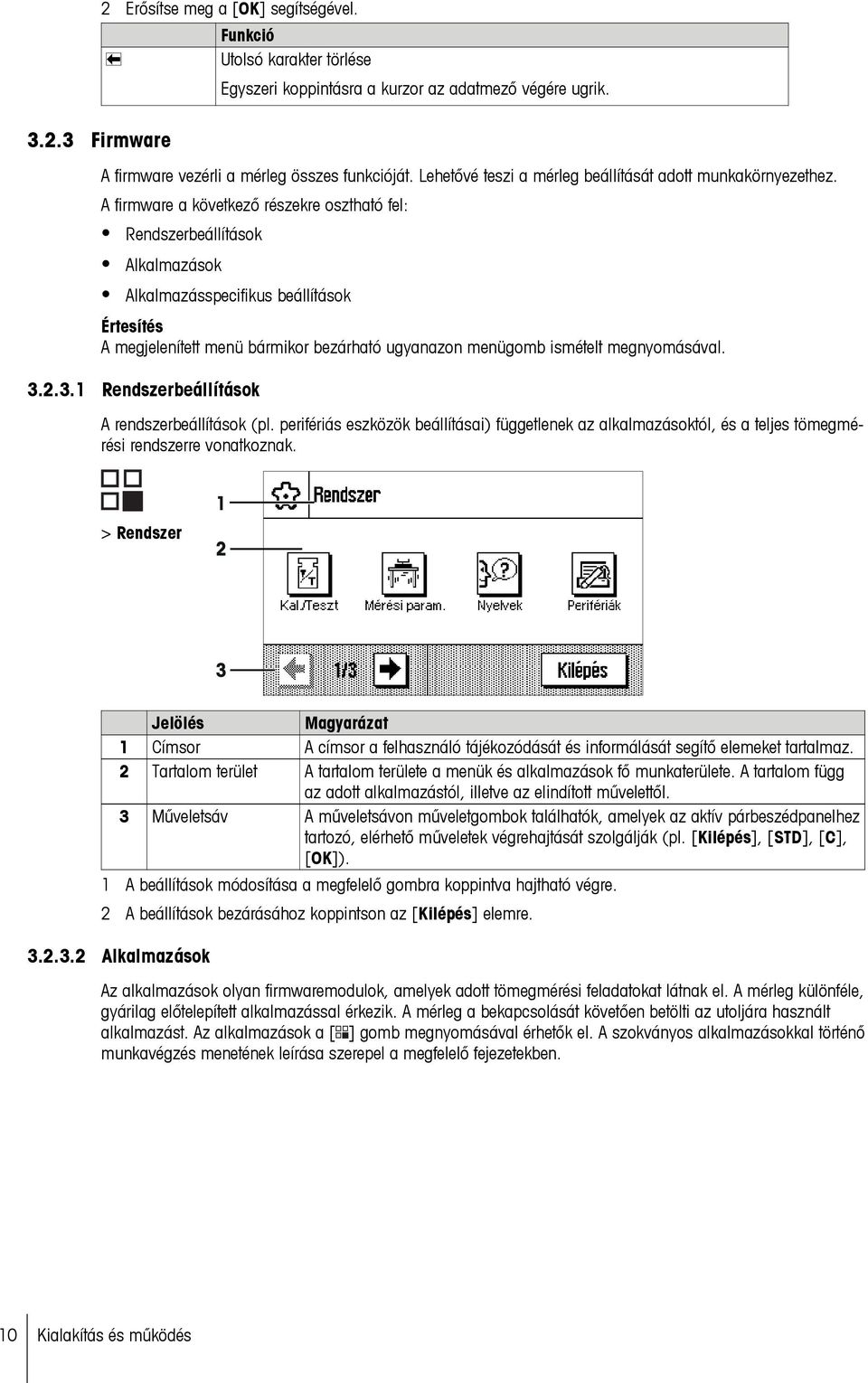 A firmware a következő részekre osztható fel: Rendszerbeállítások Alkalmazások Alkalmazásspecifikus beállítások Értesítés A megjelenített menü bármikor bezárható ugyanazon menügomb ismételt