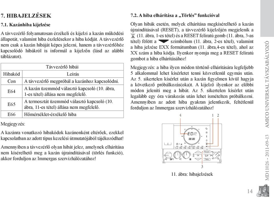 Hibakód Con E64 E65 E66 Megjegyzés: Távvezérlő hibái Leírás A távvezérlő megpróbál a kazánhoz kapcsolódni. A kazán üzemmód választó kapcsoló (10. ábra, 1-es tétel) állása nem megfelelő.