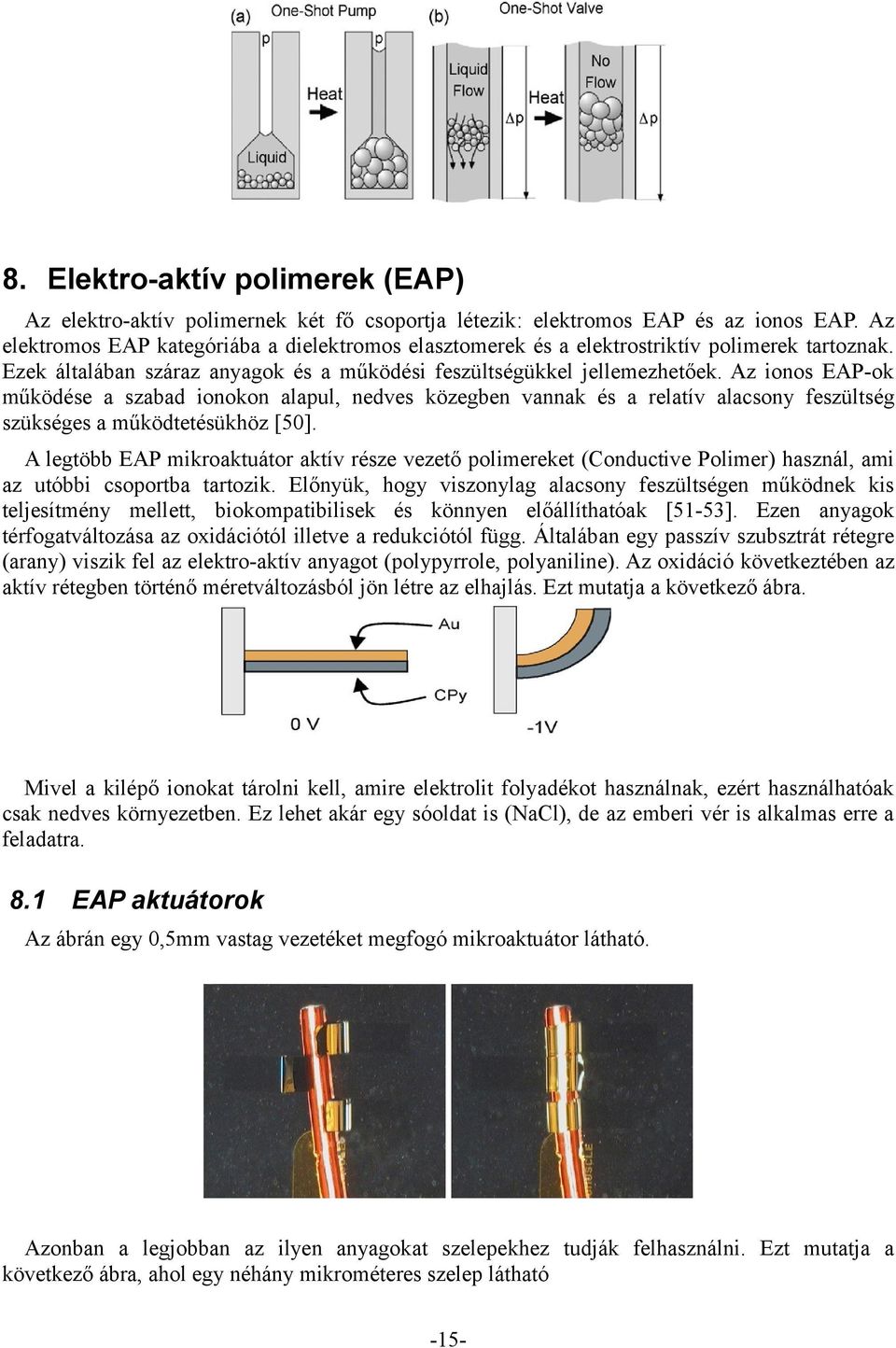 Az ionos EAP-ok működése a szabad ionokon alapul, nedves közegben vannak és a relatív alacsony feszültség szükséges a működtetésükhöz [50].