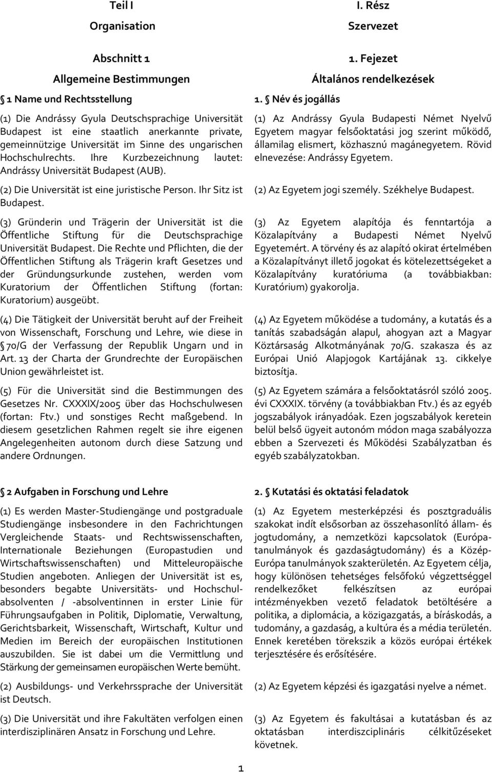 Ihre Kurzbezeichnung lautet: Andrássy Universität Budapest (AUB). (2) Die Universität ist eine juristische Person. Ihr Sitz ist Budapest.