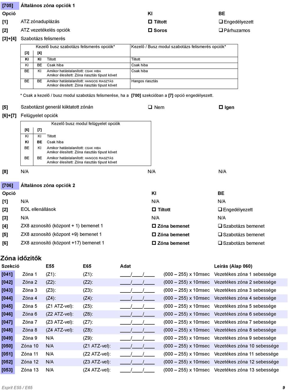 élesített: Zóna riasztás típust követ Hangos riasztás Kezelő / Busz modul szabotázs felismerés opciók* * Csak a kezelő / busz modul szabotázs felismerése, ha a [700] szekcióban a [7] opció
